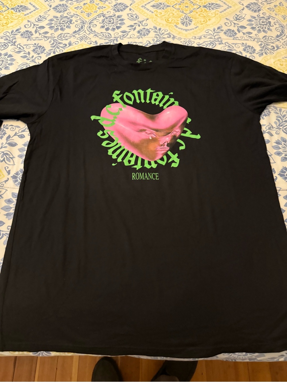 FDC Men’s Black Graphic Tee with Pink Heart and Green Text